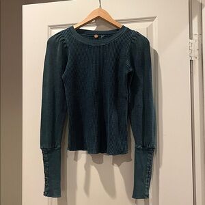 Free People Blue Textured Crew Neck Top
